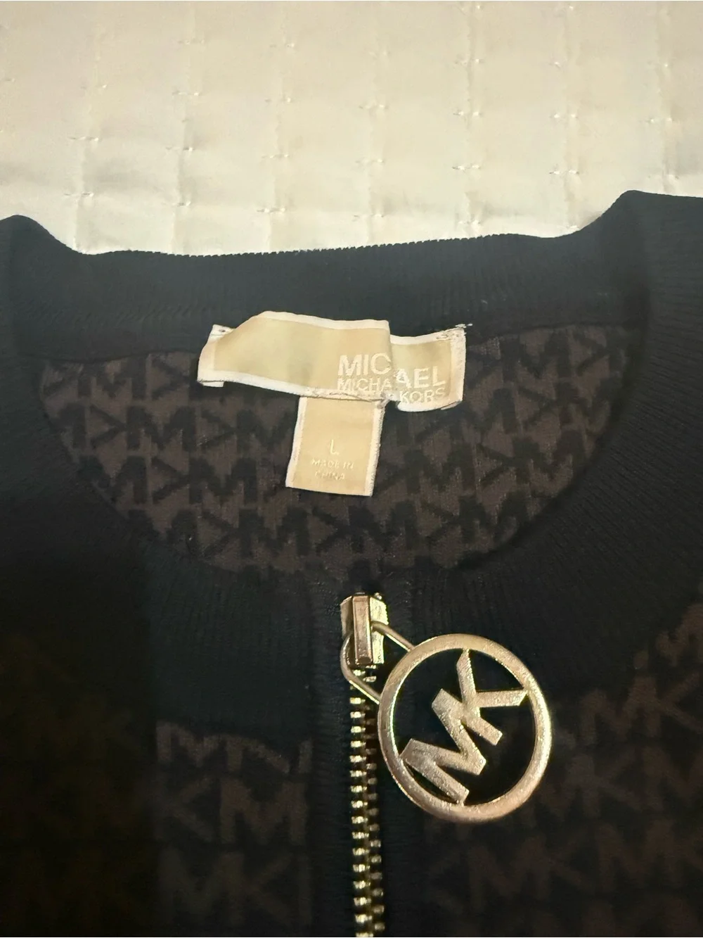 Michael Kors Brown and Black MK-Print Zip-Front Long-Sleeve Dress